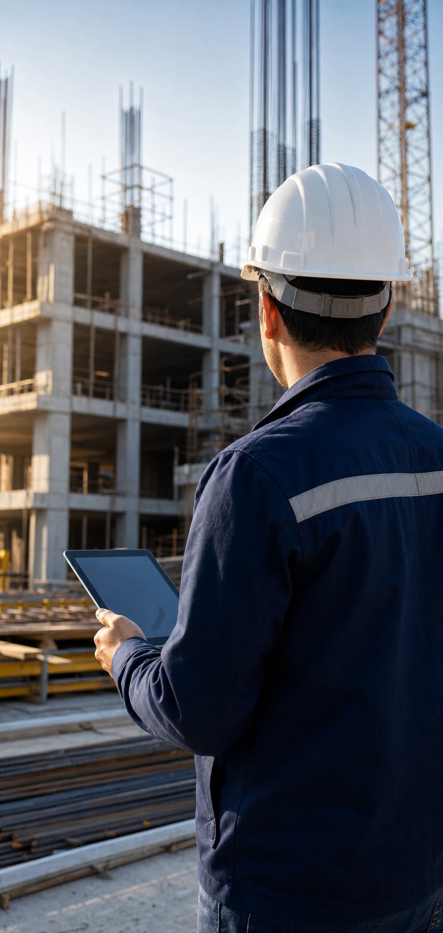 Engenheiro analisando uma obra com tablet