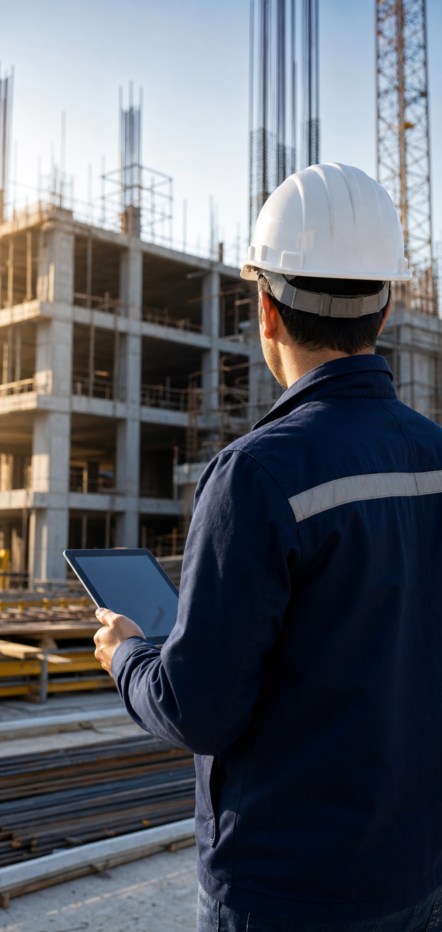 Engenheiro analisando uma obra com tablet