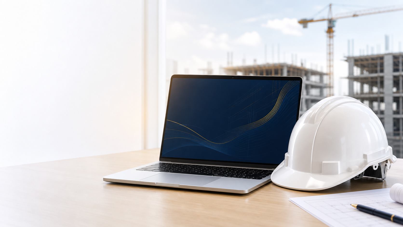 Notebook e capacete de engenharia em uma obra