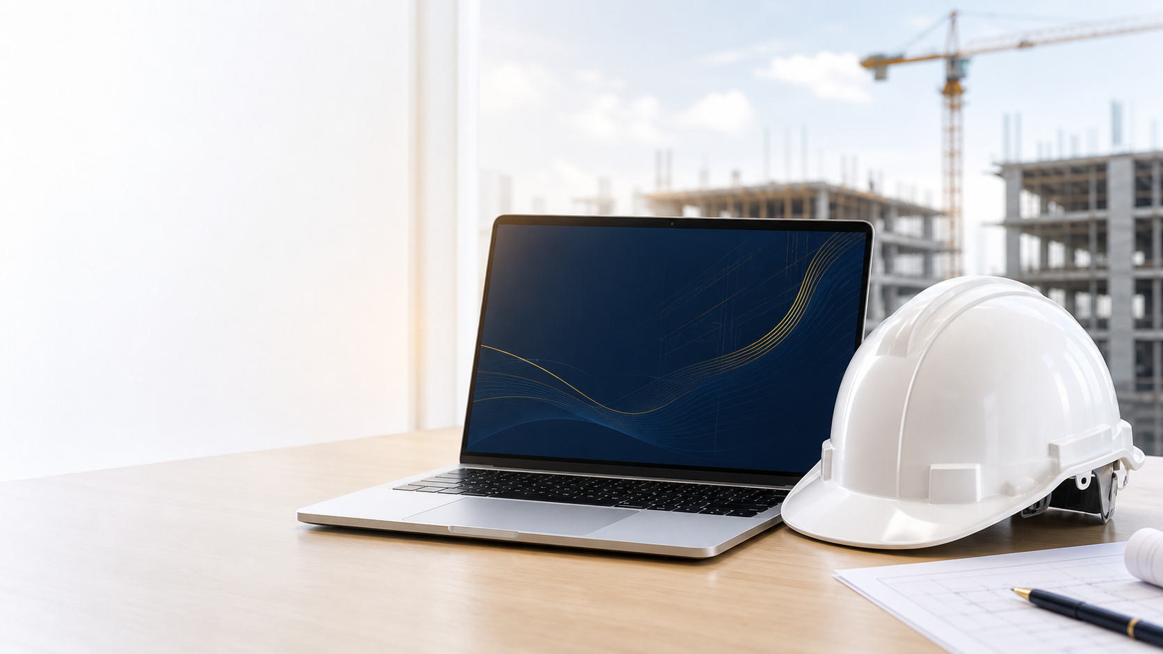 Notebook e capacete de engenharia em uma obra